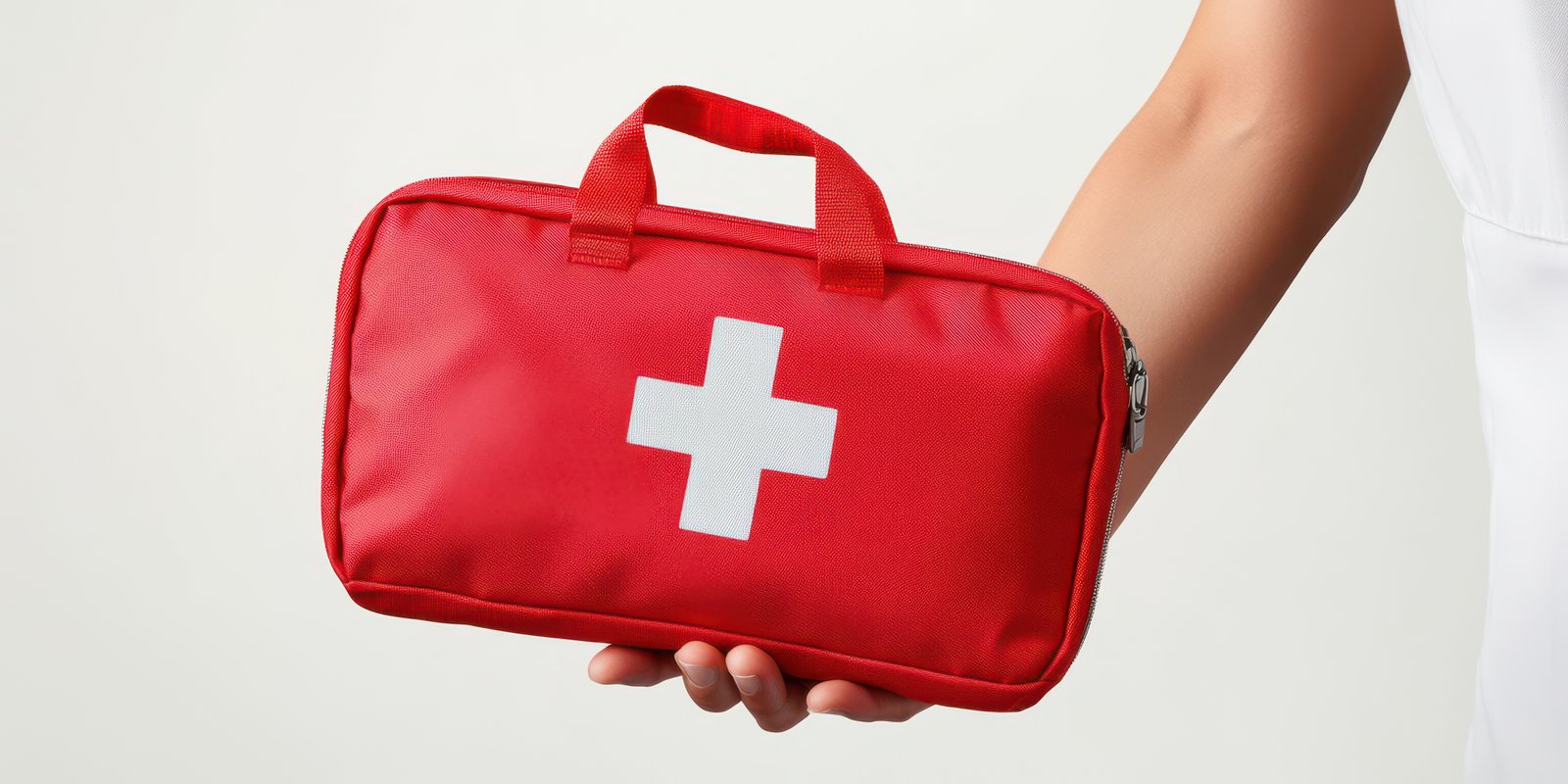 Hand holding a red first aid kit with a white cross symbol on a neutral background
